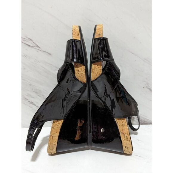 Van Eli Women's Black Patent Leather 3" Wedge Cork Trim Heels Slingback Size 8 - Picture 2 of 8